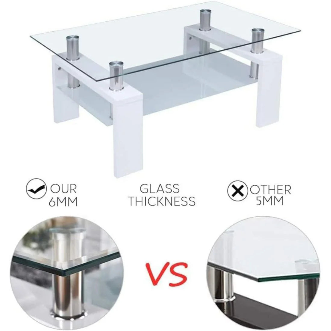 Glass Top White Coffee Table with Lower Shelf T961573