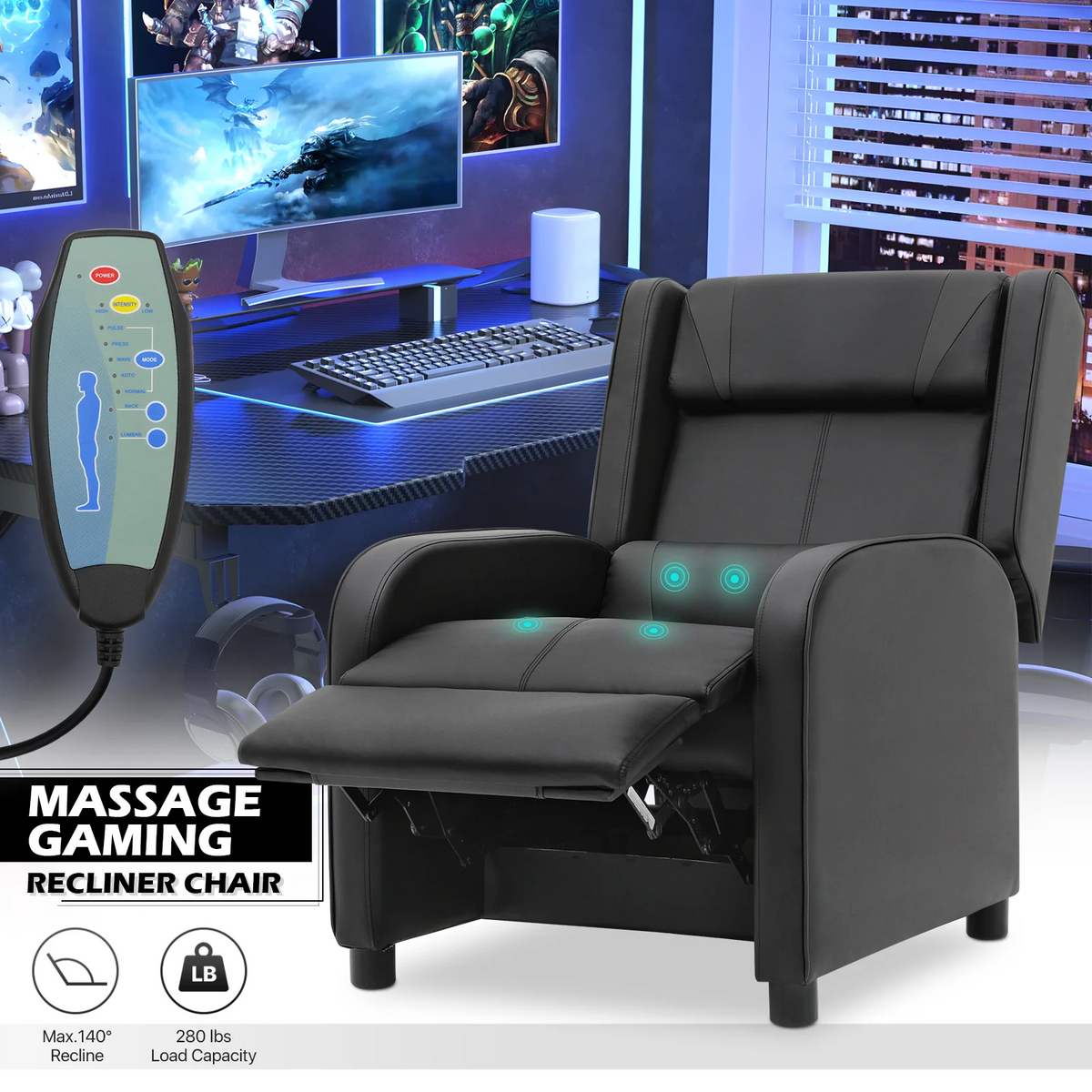 Black PU Leather Adjustable Reclining Gaming Chair with Footrest B310987