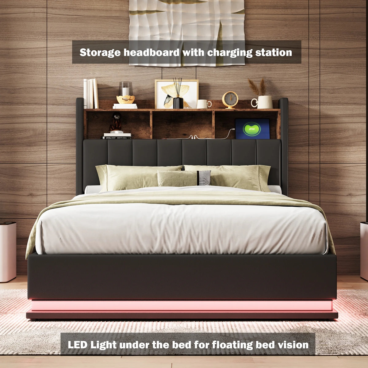 Black Full Size PU Upholstered Platform Bed with Storage Headboard X381