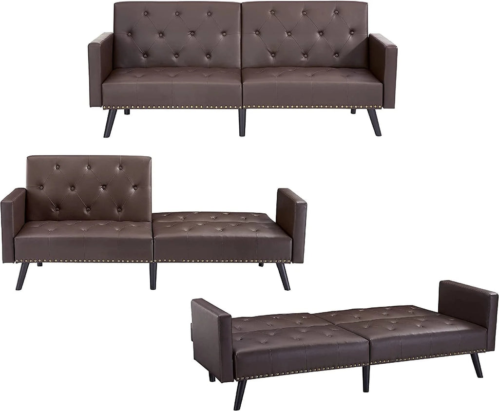 Espresso Faux Leather Tufted Convertible Sofa Bed V94270