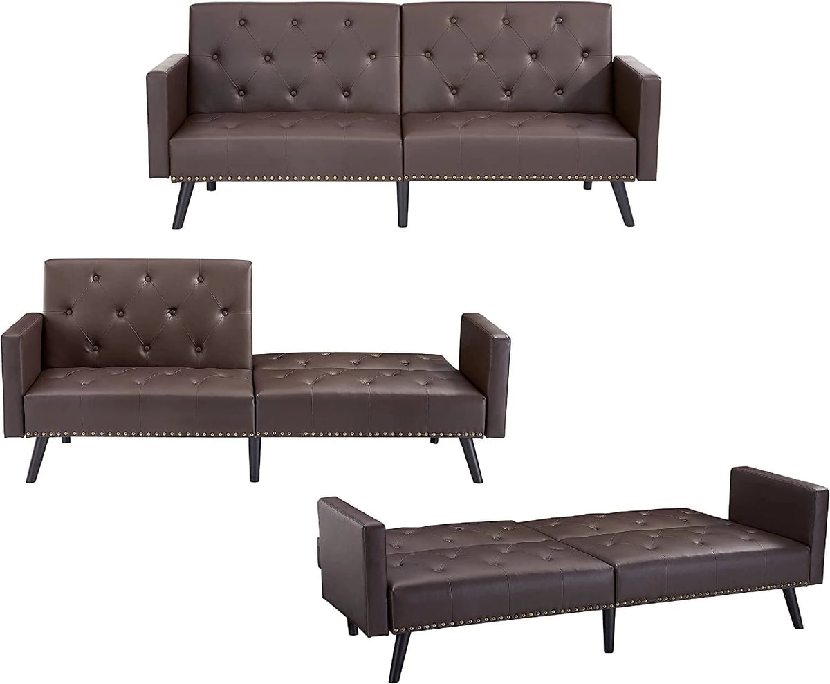 Espresso Faux Leather Tufted Convertible Sofa Bed V94270