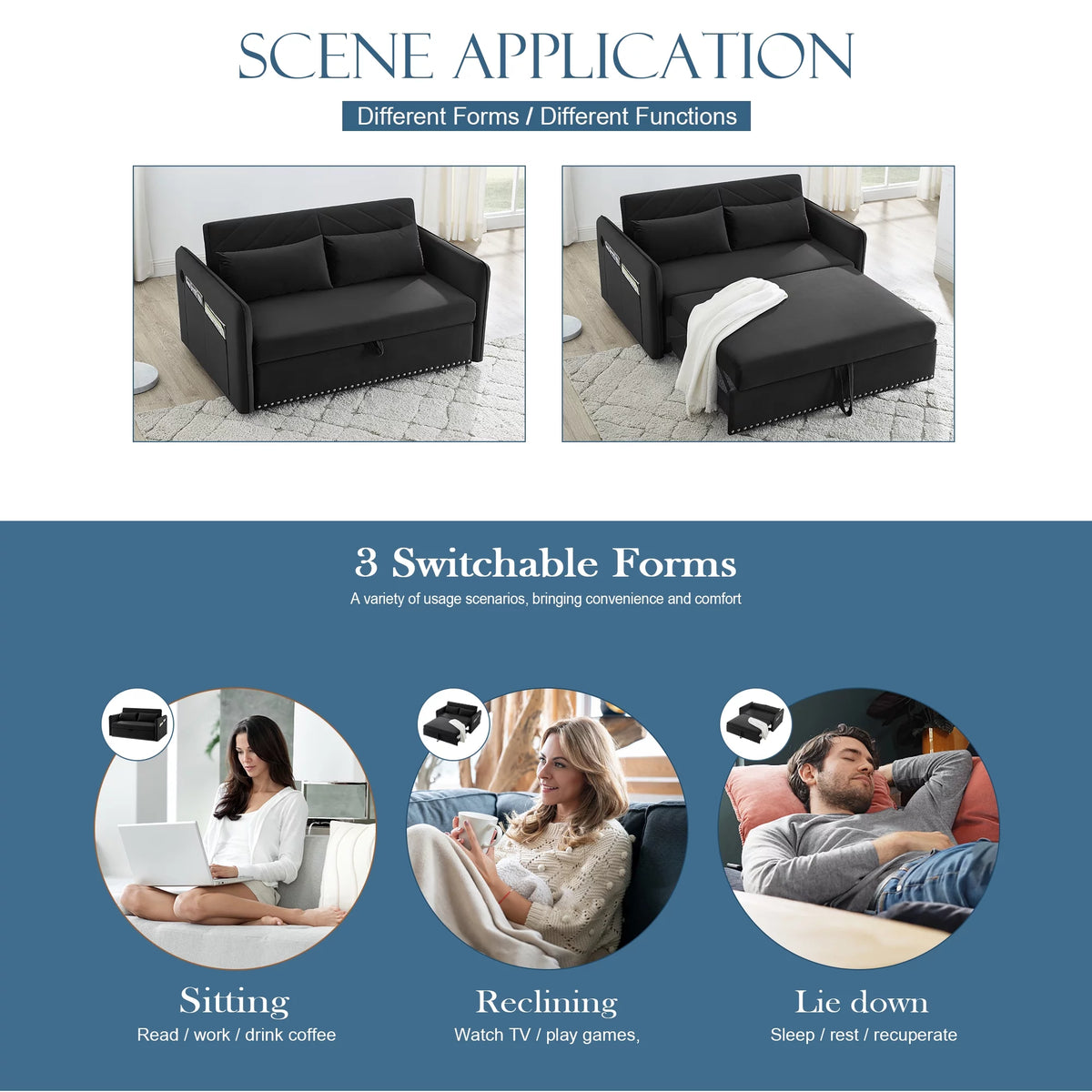 55" Black Velvet Convertible Sleeper Sofa with USB Ports H529077
