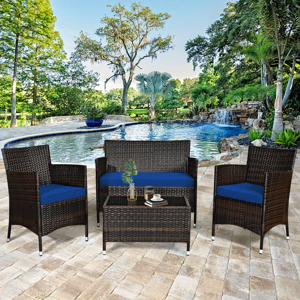 4 Pc Turquoise Cushioned Patio Rattan Conversation Furniture Set G20699