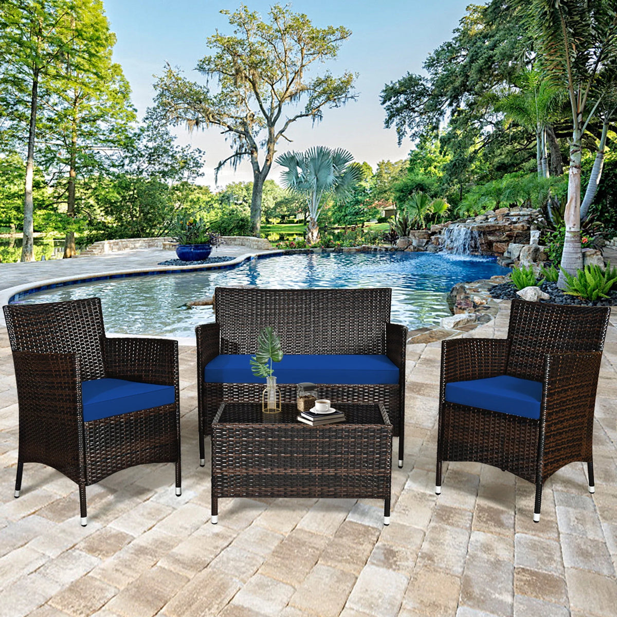 4 Pc Turquoise Cushioned Patio Rattan Conversation Furniture Set G20699