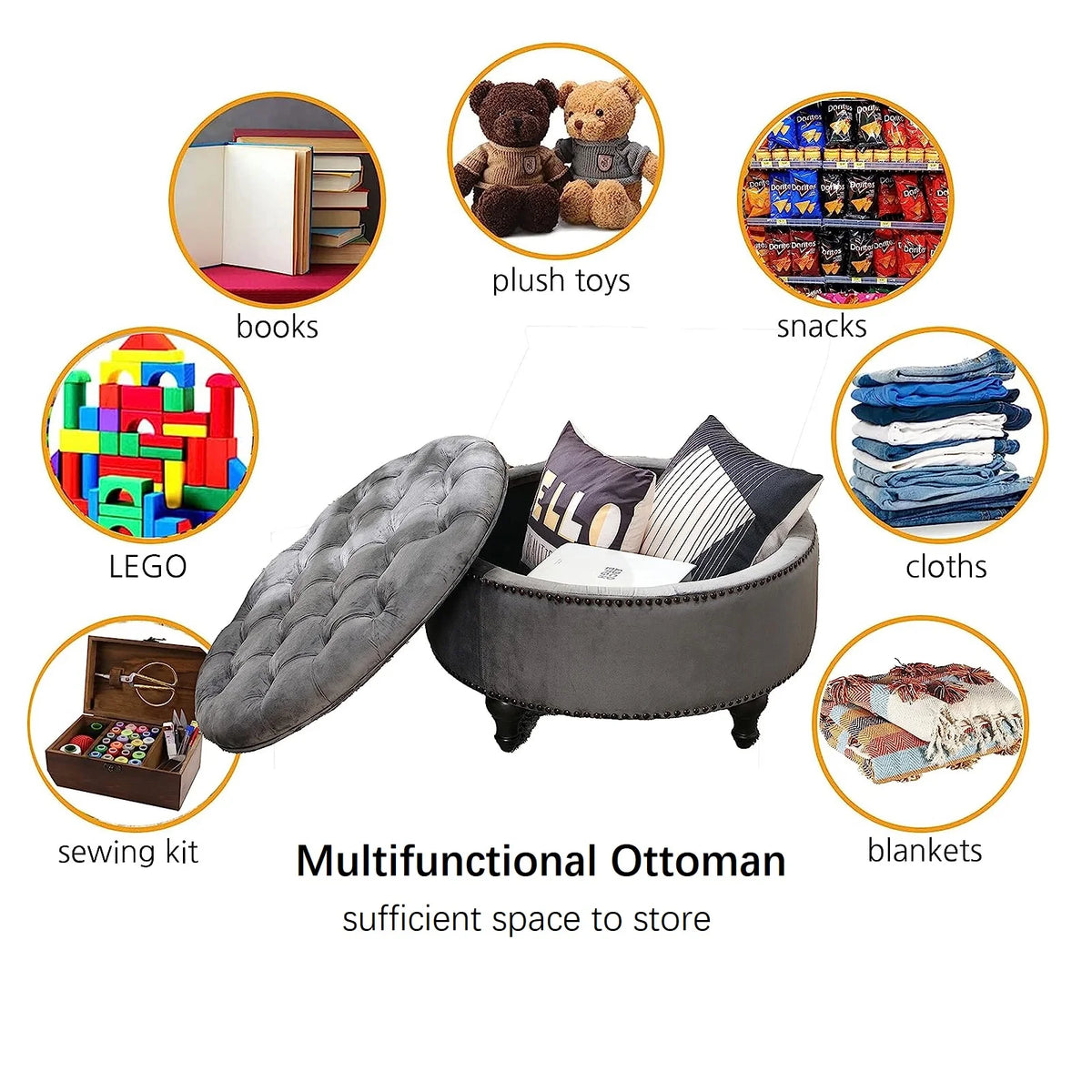 Dark Grey Upholstered Round Storage Ottoman I7078