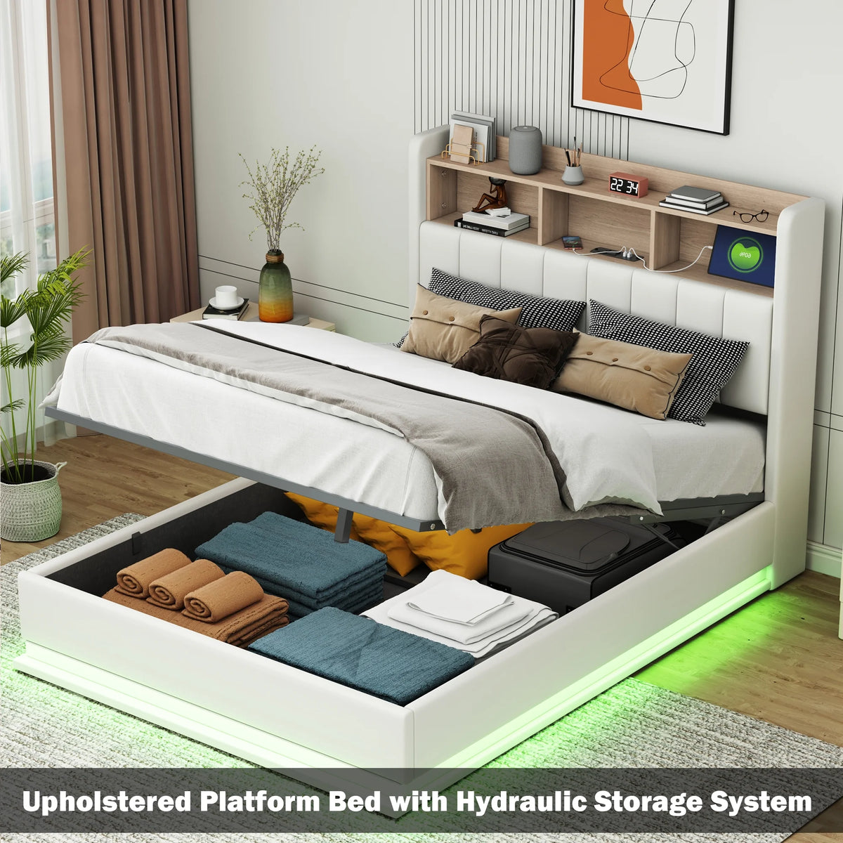 Black Full Size PU Upholstered Platform Bed with Storage Headboard X381