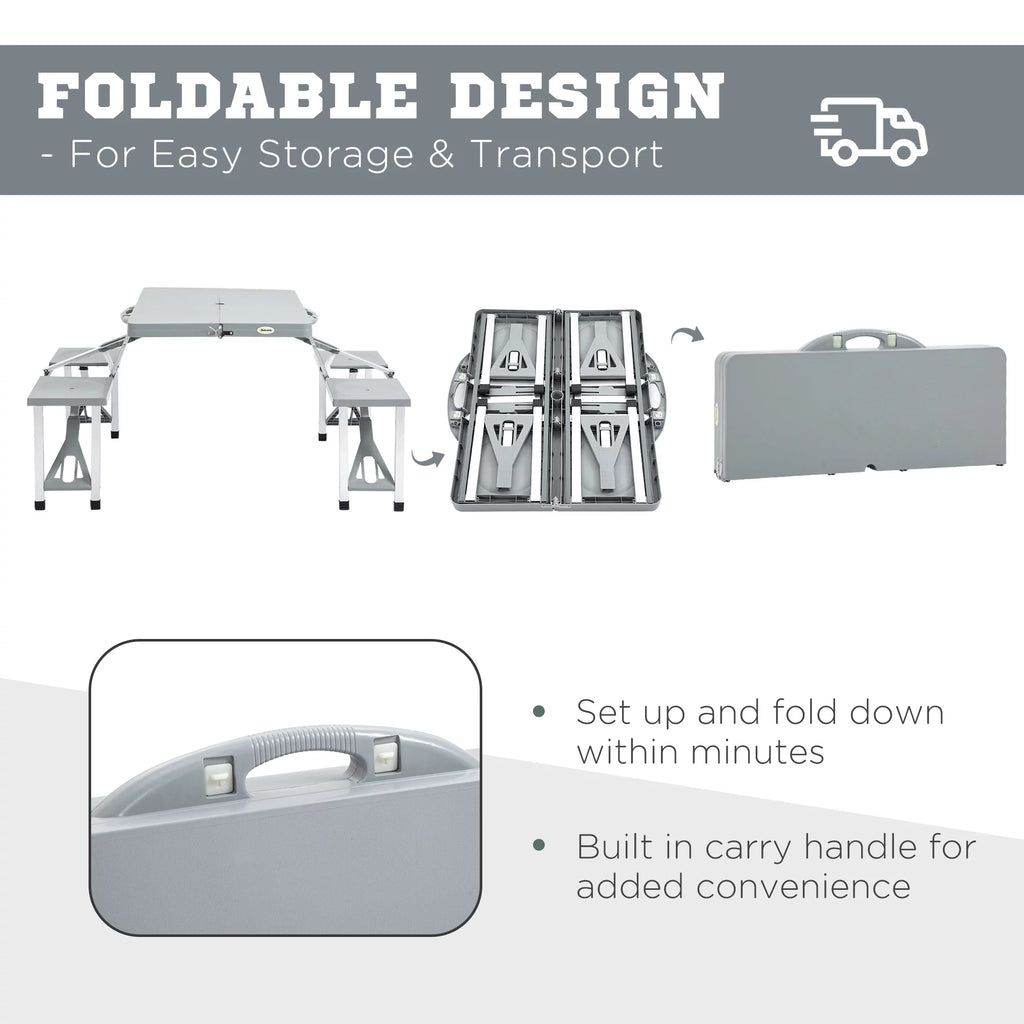 Portable Foldable 4-Person Picnic Table with Seats and Umbrella Hole, Grey D557