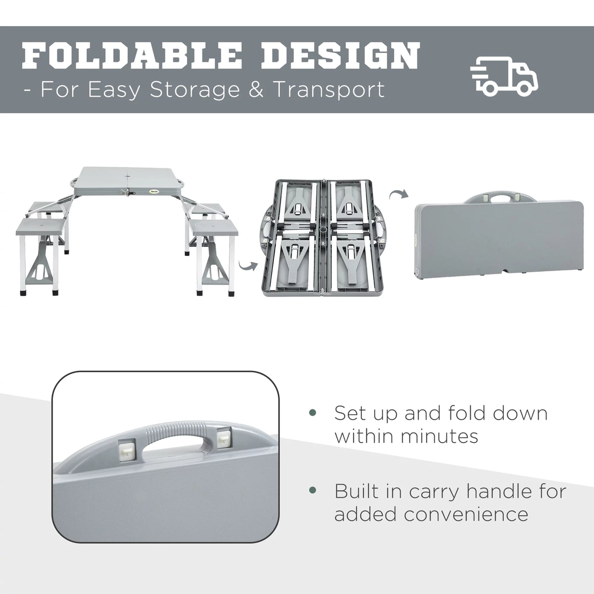 Portable Foldable 4-Person Picnic Table with Seats and Umbrella Hole, Grey D557