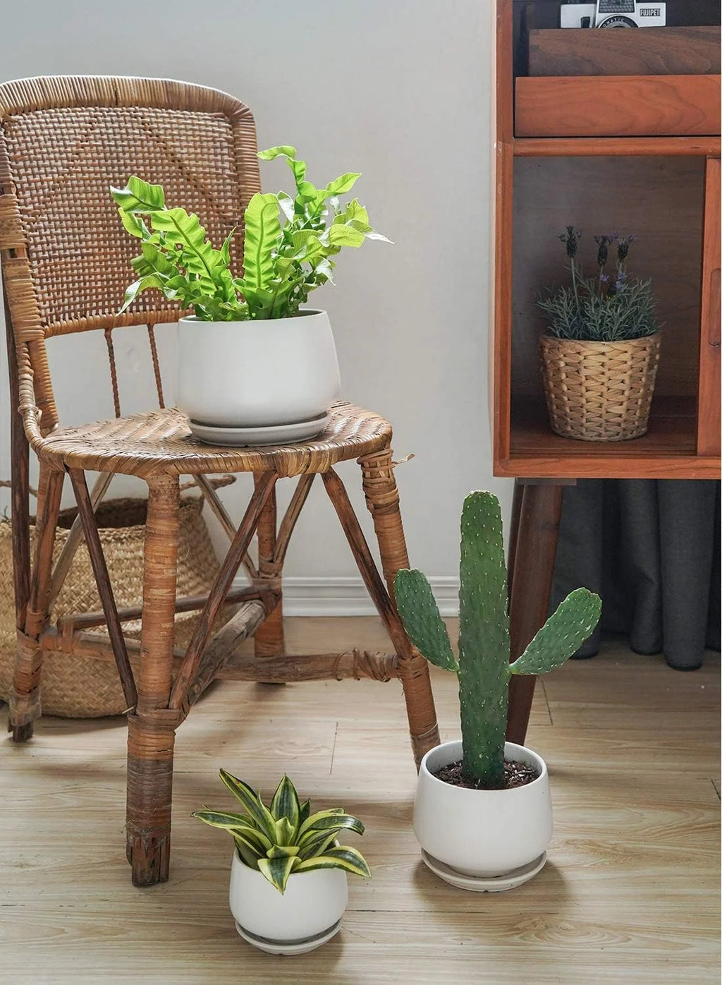 4.1+5.1+6.5 Inch Ceramic Plant Pots with Drainage Hole and Saucer, Set of 3, White S91533
