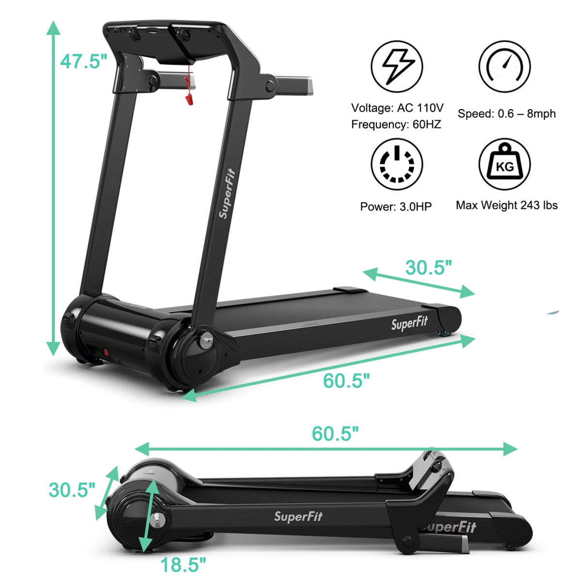 Folding Electric Treadmill 3.0HP Exercise Running Machine P728