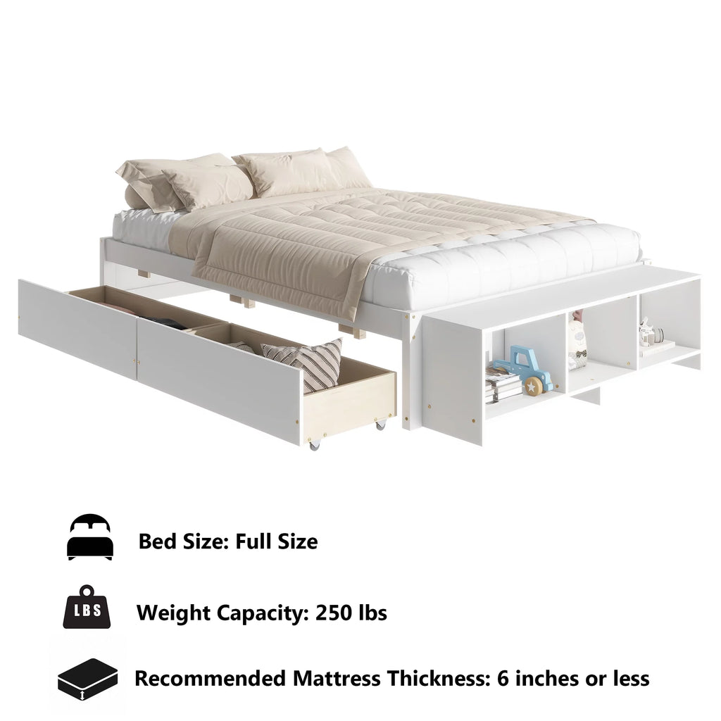 White Full Size Platform Bed with Storage Shelves and Drawer W554656