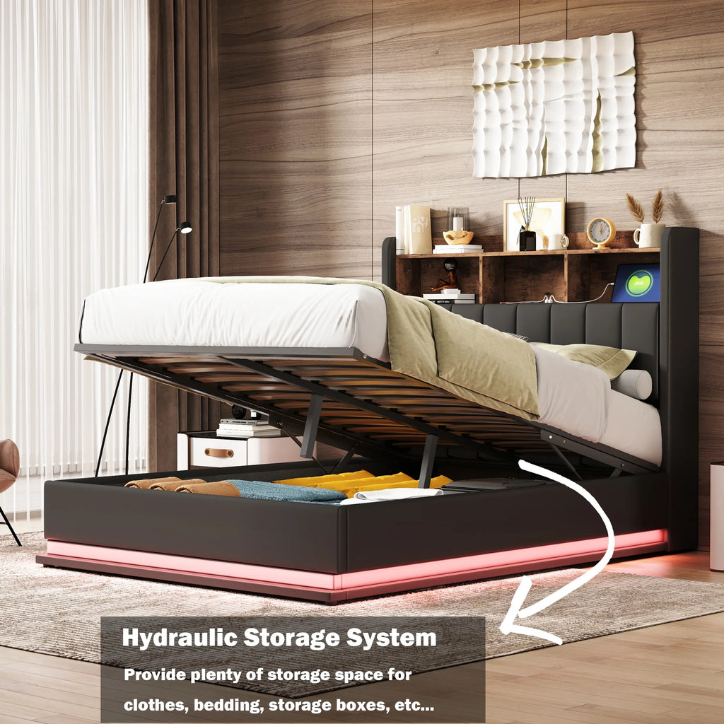 Black Full Size PU Upholstered Platform Bed with Storage Headboard X381