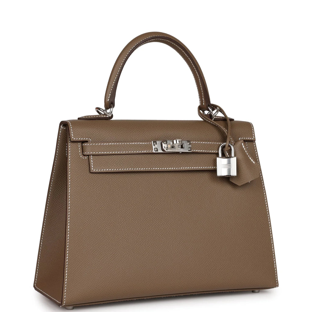 Kelly 25 Etoupe Epsom Palladium Hardware Bag A105