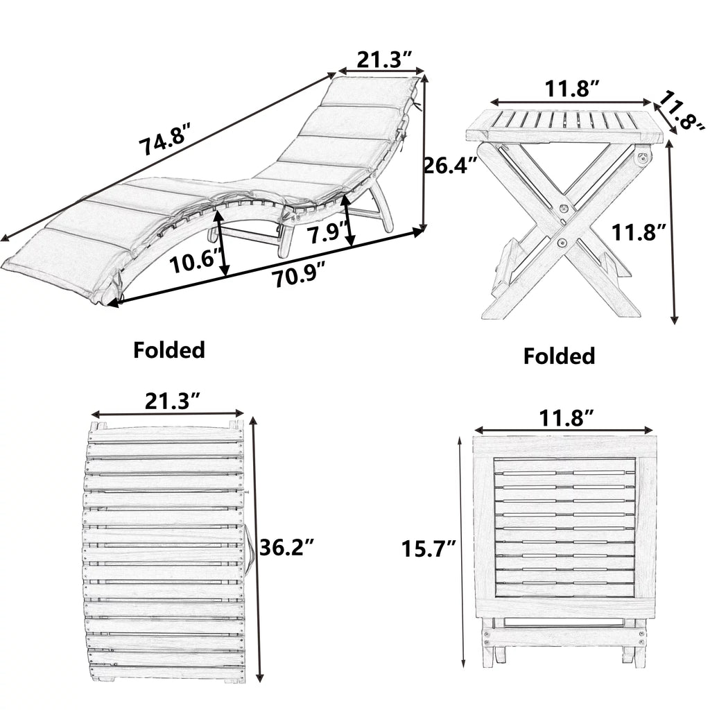 Portable Wood Chaise Lounge Set with Foldable Tea Table F520