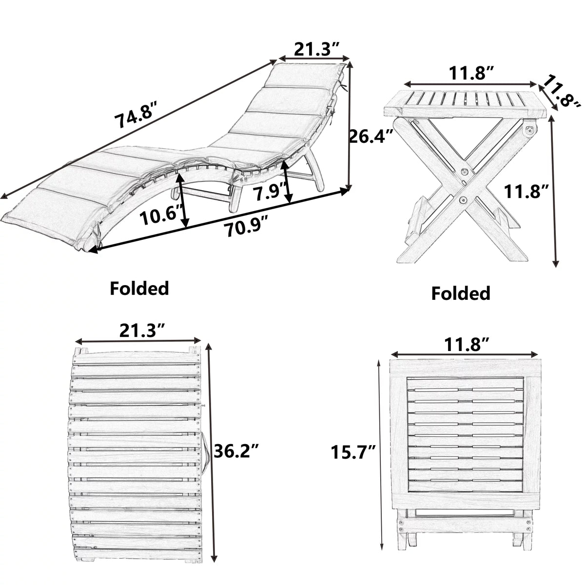 Portable Wood Chaise Lounge Set with Foldable Tea Table F520