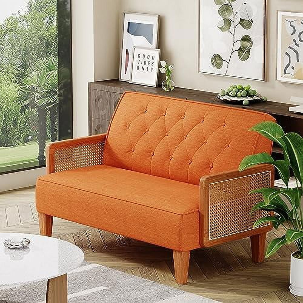 Light Grey Upholstered Loveseat with Rattan Armrest H123