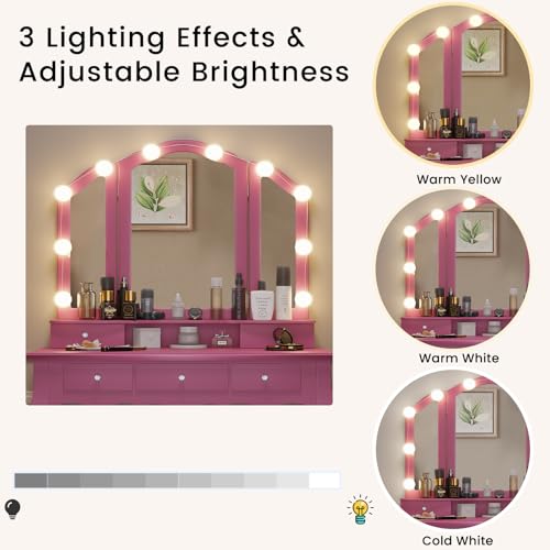 White Vanity Desk with Lighted Mirror and Stool, 5 Drawers K55131