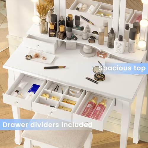 White Vanity Desk with Lighted Mirror and Stool, 5 Drawers K55131