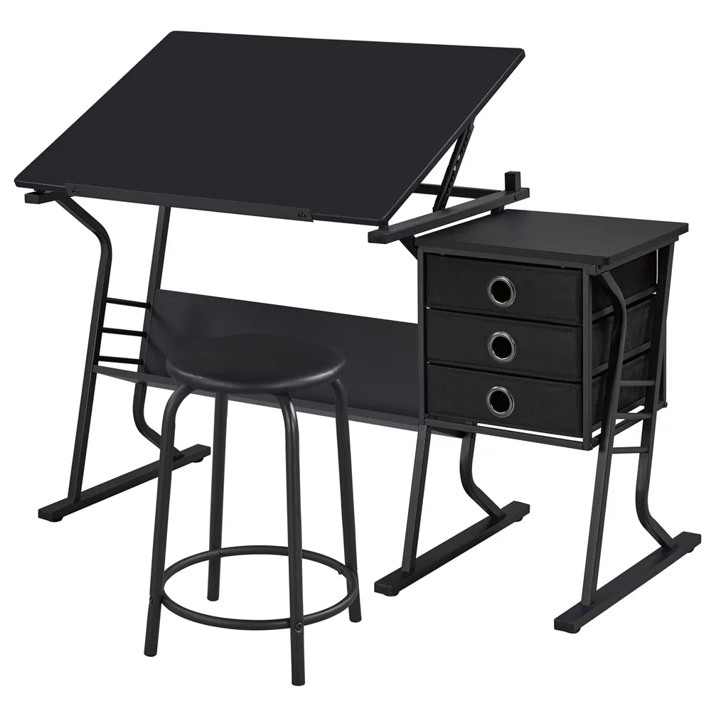 Black Adjustable Drafting Table with Storage Drawers and Stool G131604