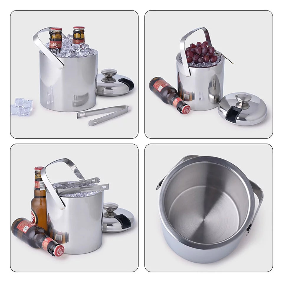 Stainless Steel Insulated Ice Bucket 1.3L with Lid Strainer and Ice Tong M17769