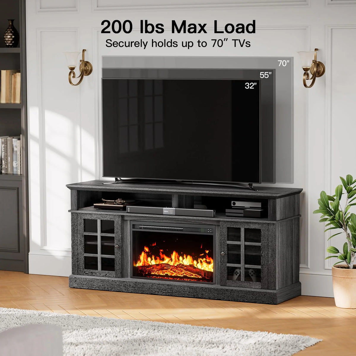 1400W Electric Fireplace TV Stand with Adjustable Shelves, Grey Z1010