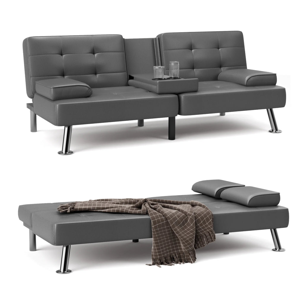 Faux Leather Convertible Futon Sofa Bed with 2 Cup Holders T272651