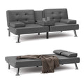 Faux Leather Convertible Futon Sofa Bed with 2 Cup Holders T272651
