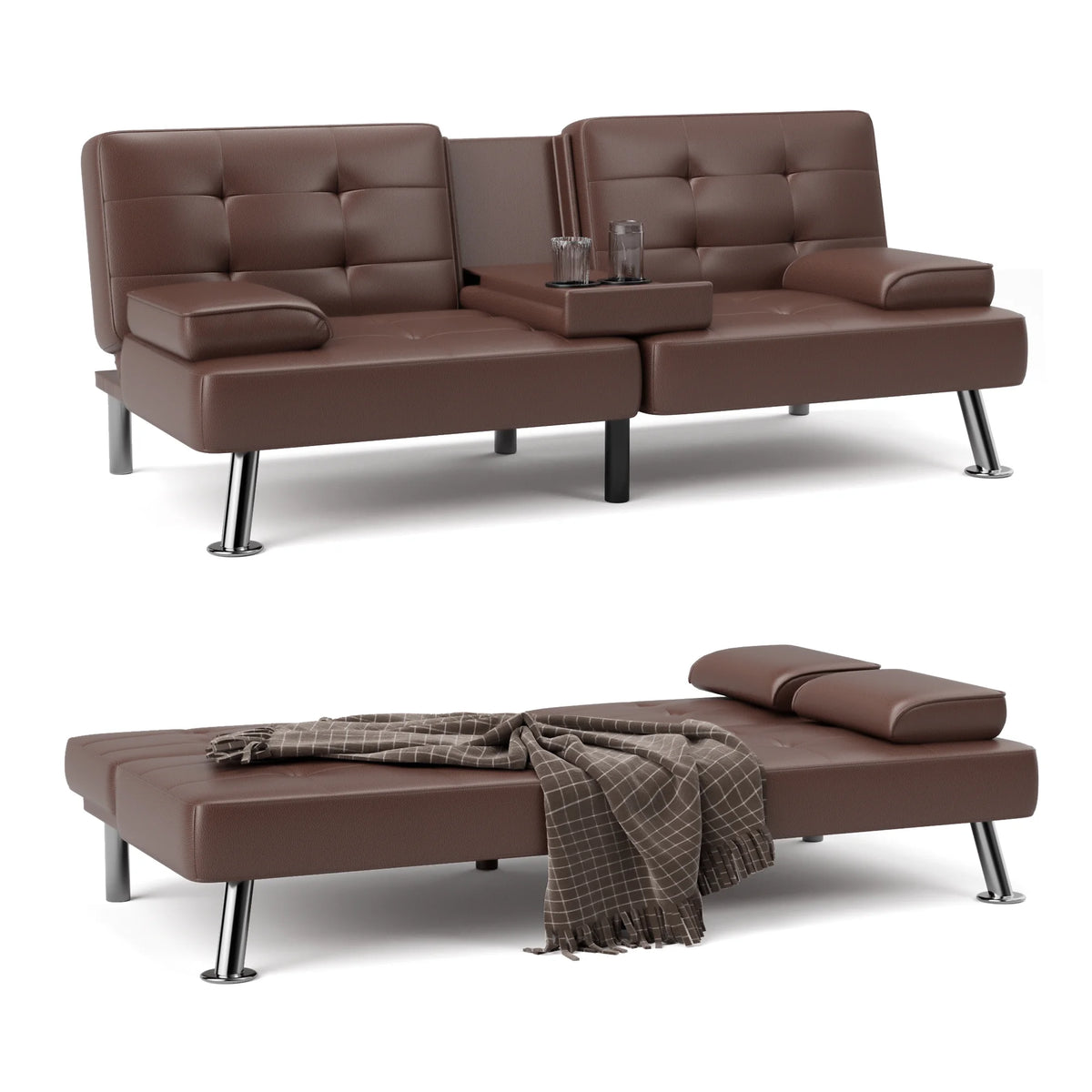 Faux Leather Convertible Futon Sofa Bed with 2 Cup Holders T272651