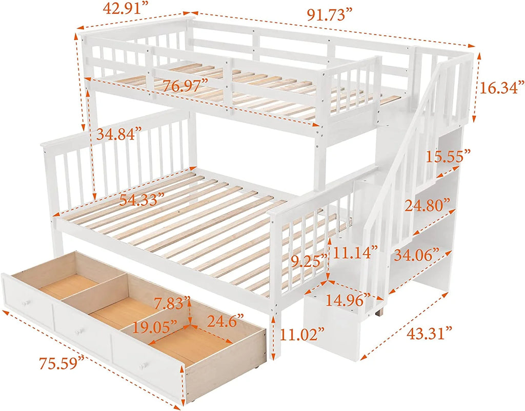 White Solid Wood Bunk Bed with Stairs and Storage Drawers X141