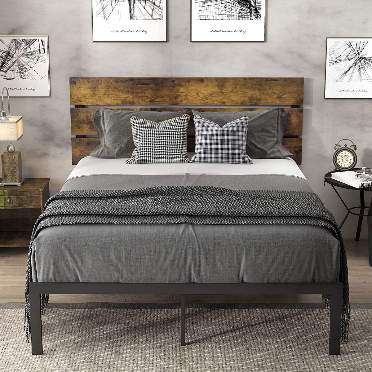 Queen Size Rustic Industrial Platform Bed Frame with Wood Headboard W5449