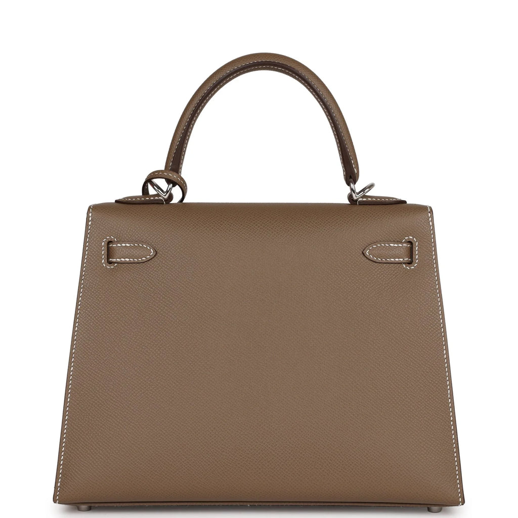 Kelly 25 Etoupe Epsom Palladium Hardware Bag A105
