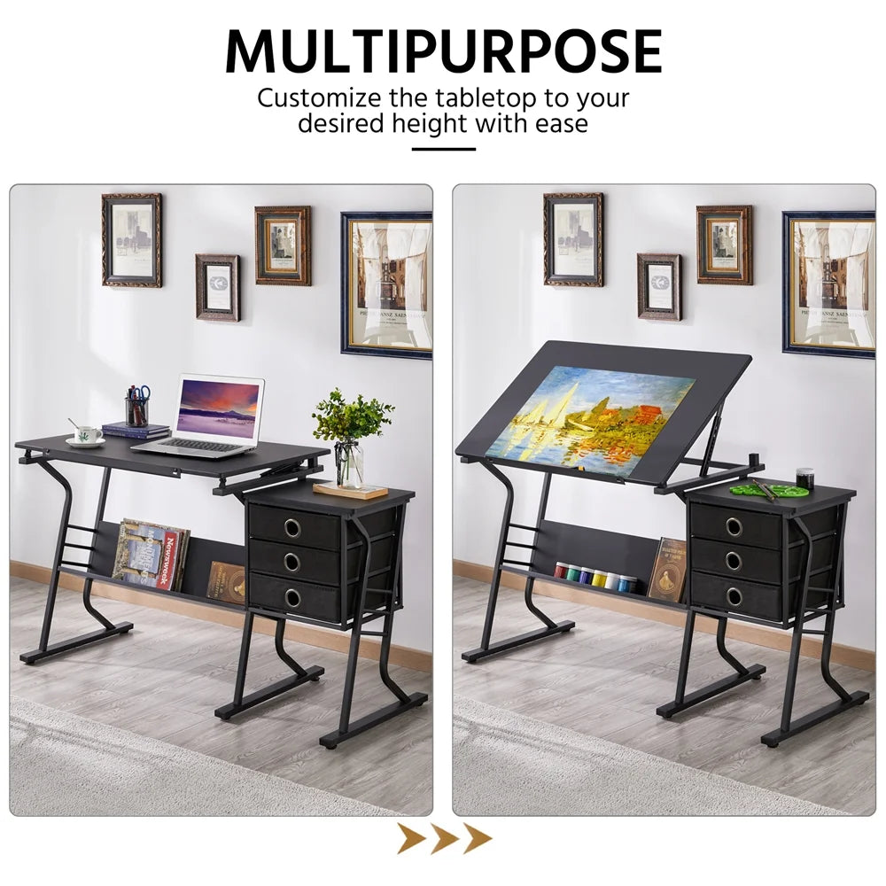 Black Adjustable Drafting Table with Storage Drawers and Stool G131604