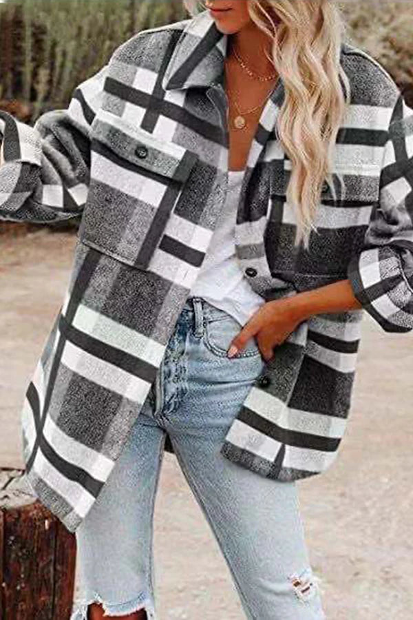 Plaid Pocket Buckle Turndown Collar Outerwear I73513