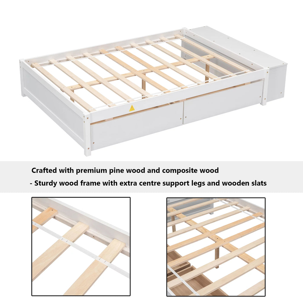 White Full Size Platform Bed with Storage Shelves and Drawer W554656