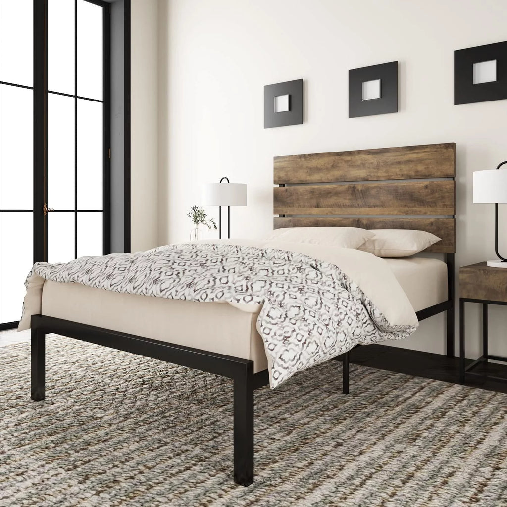 Queen Size Rustic Industrial Platform Bed Frame with Wood Headboard W5449