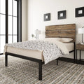 Queen Size Rustic Industrial Platform Bed Frame with Wood Headboard W5449