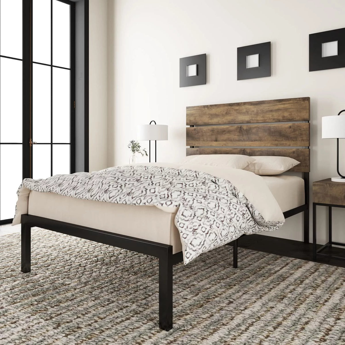 Queen Size Rustic Industrial Platform Bed Frame with Wood Headboard W5449