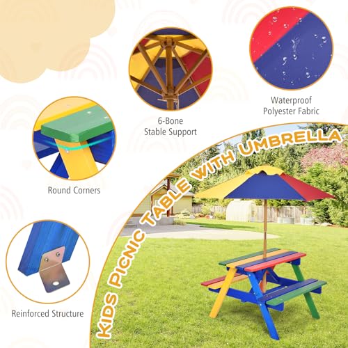 Kids Fir Wood Picnic Table and Chairs with Umbrella W2179