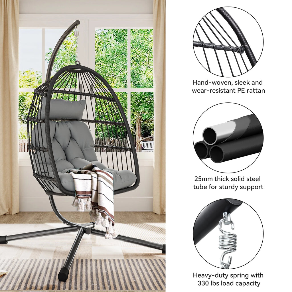 Hanging Egg Swing Chair with Stand Wicker Dark Gray M2506