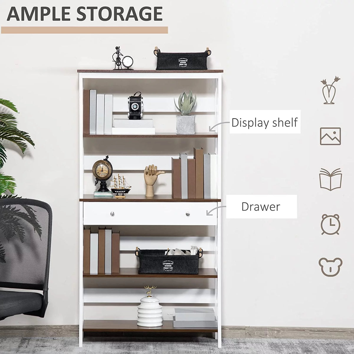 4-Tier White Shelving Bookcase with Drawer P91004