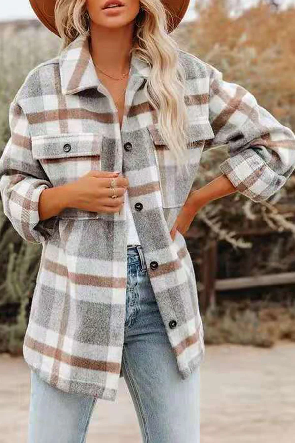 Plaid Pocket Buckle Turndown Collar Outerwear I73513