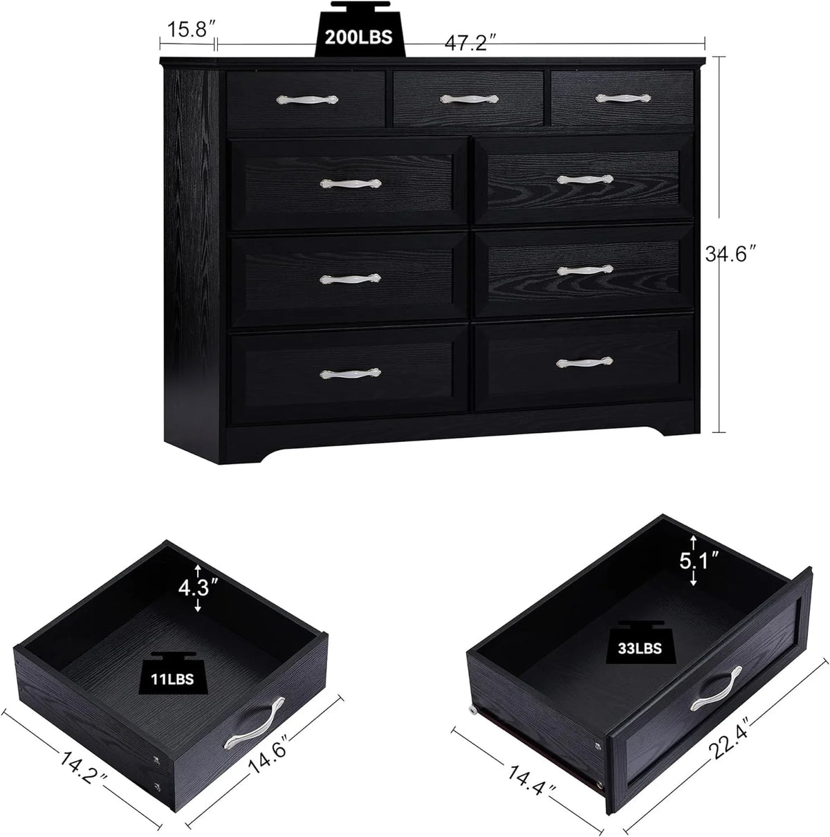 Black 9 Drawer Wood Dresser G6391